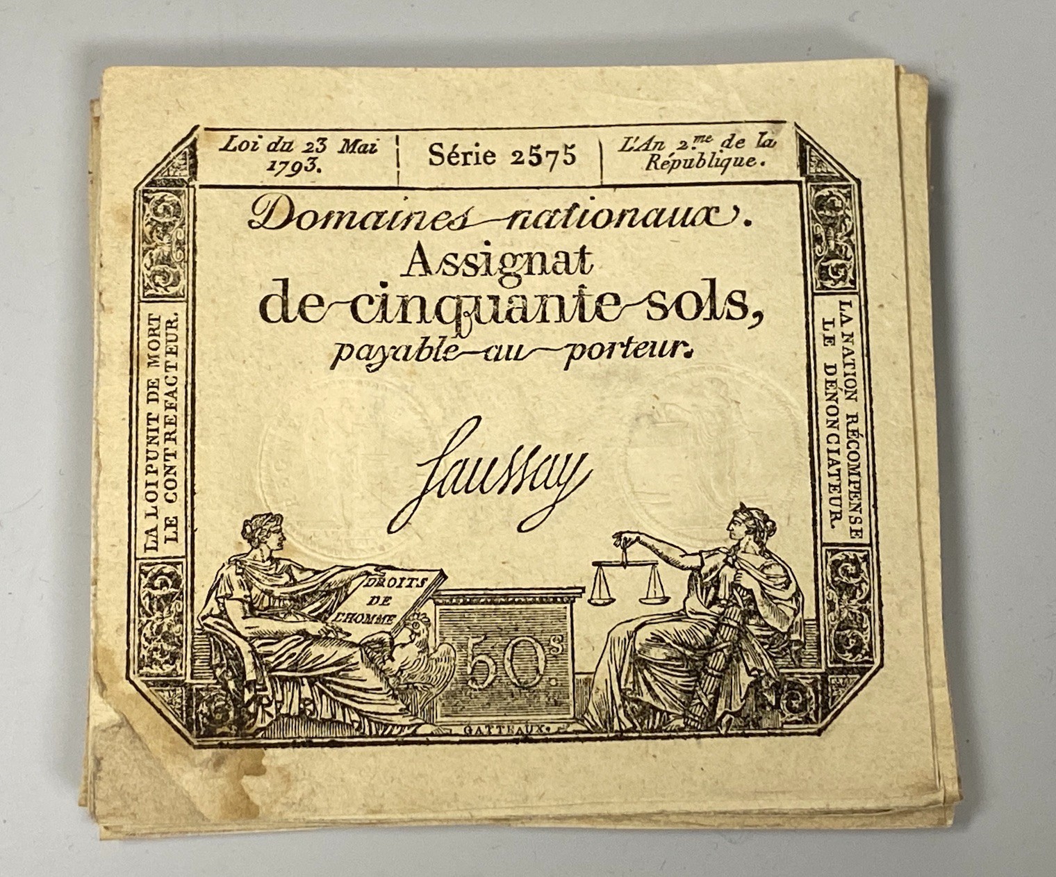French Revolutionary banknotes, 1789 - 1796, Domaines nationaux, seventeen Assignat de cinquante sols, 50 sols, Serie 2575, Loi du 23 Mai 1793, two embossed stamps (17)